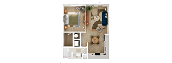 A top-down view of a room with a bed, a couch, a table, and a fan.
