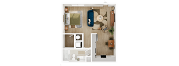 A top-down view of a well-organized room with a couch, chair, table, and various objects.