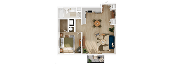 A top-down view of a room with a couch, chairs, a coffee table, and a dining table.