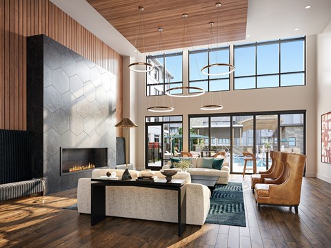 A modern living room with a fireplace and a large window.