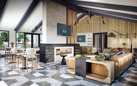 A modern living room with a fireplace and a sofa.