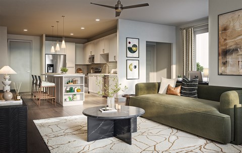A modern living room with a green sofa and a coffee table.