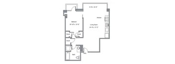 A floor plan of a home with a bedroom, living room, kitchen, and bathroom.