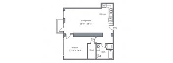 a floor plan of a studio apartment with a bedroom and a living room