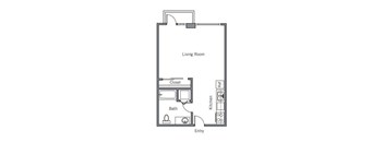A floor plan of a small apartment with a living room, kitchen, bathroom and closet.
