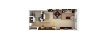 A model of a small apartment with a kitchen, living room, and bedroom.