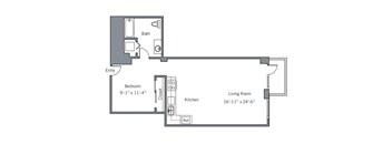 A floor plan of a small apartment with a bedroom, living room, kitchen, and bathroom.