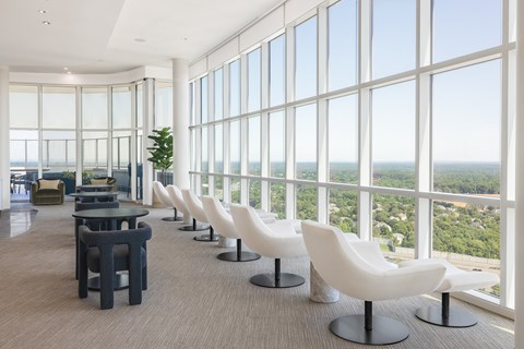 A room with white chairs and a table with a plant in it.