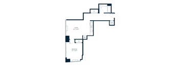 A floor plan of a home with a living room, bedroom, and a work area.