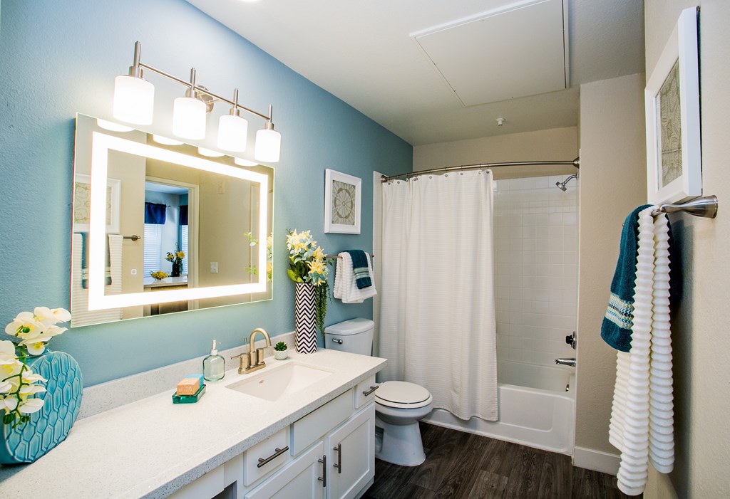 A bathroom with a white sink and a mirror above it.