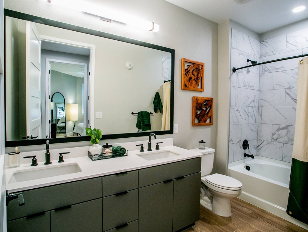 a bathroom with a large mirror and two sinks