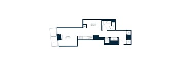 A floor plan of a house with a living room, two bedrooms, a bathroom, and a sleeping area.