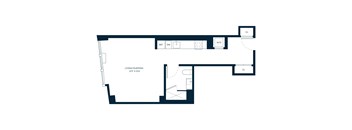 A floor plan of a living/sleeping area that is 13.5 x 15 feet.