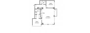 A floor plan of a house with a living room, two bedrooms, a bathroom, a kitchen, and a dining room.