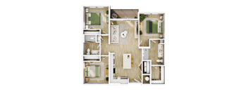 A detailed 3D floor plan of a modern apartment layout.