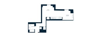 A floor plan of a home with a living room, two bedrooms, and a sleeping area.