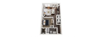 a stylized floor plan with a bedroom and a living room