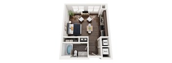 a 1 bedroom floorplan with a bathroom and a living room