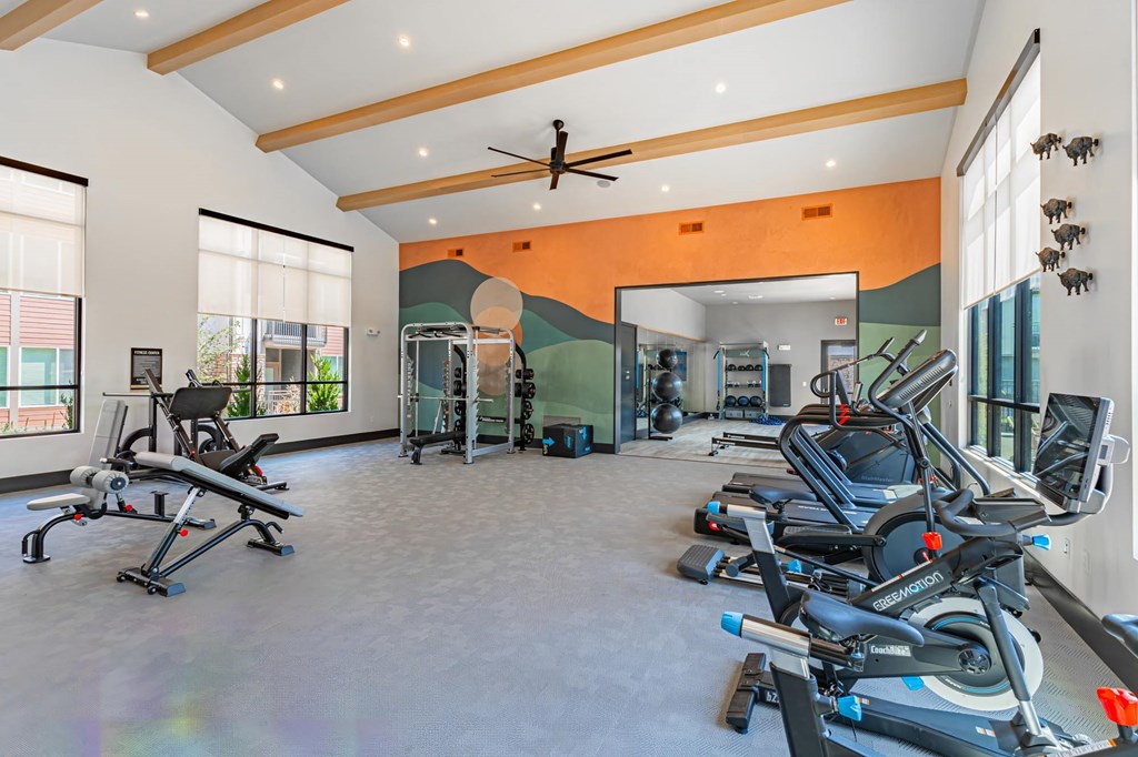 A gym with a variety of exercise equipment including treadmills, stationary bikes, and weight machines.