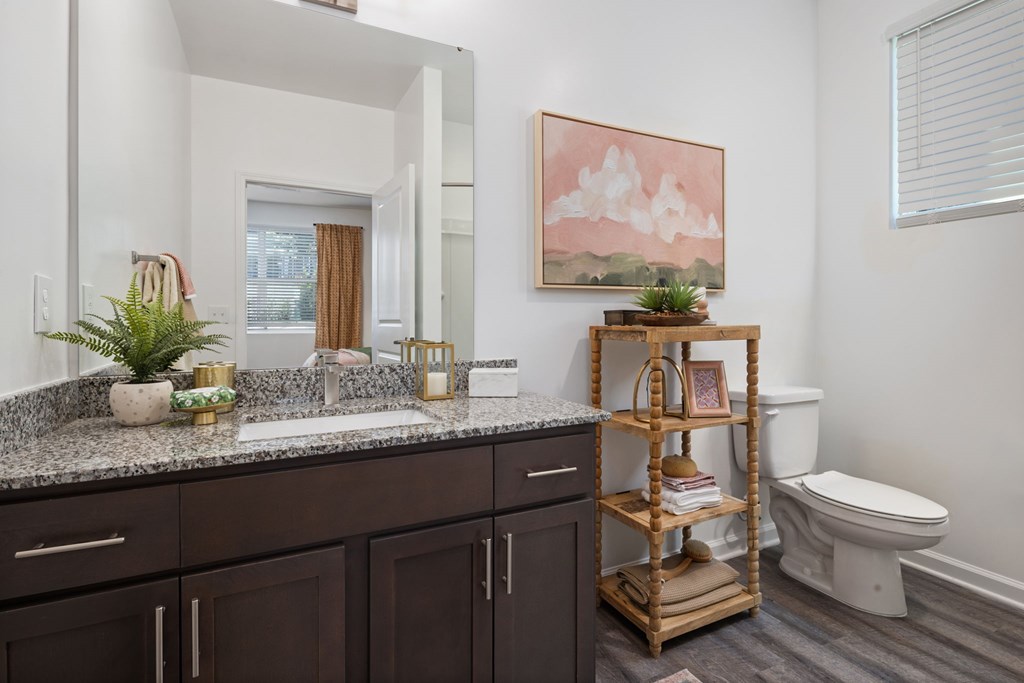 A bathroom with a brown counter and a white toilet.