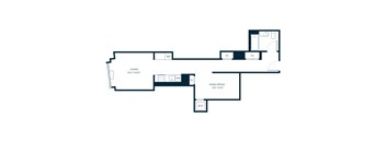A floor plan of a house with a living room, home office, and two closets.