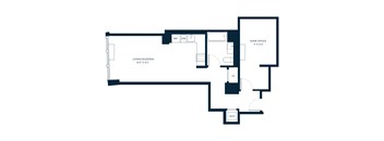 A floor plan of a home office and living/sleeping area.