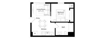 A floor plan of a small apartment with a living room, kitchen, bathroom, and bedroom.