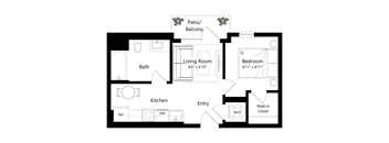 A floor plan of a house with a living room, kitchen, bath, bedroom and closet.