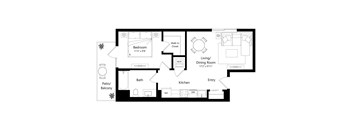 A floor plan of a home with a bedroom, bathroom, kitchen, living/dining room, and patio/balcony.