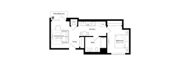 A floor plan of a home with a living room, kitchen, and bedroom.