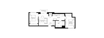 A floor plan of a home with a living room, kitchen, two bedrooms and a bathroom.