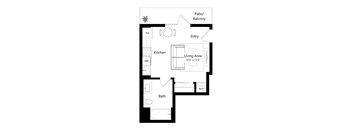 A floor plan of a house with a kitchen, bathroom, living area, and patio.