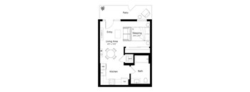 A floor plan of a small apartment with a sleeping area, kitchen, bathroom, and living area.