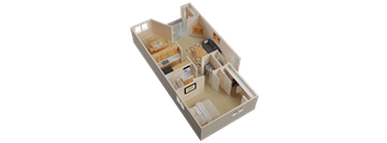A 3D rendered image of a house layout.