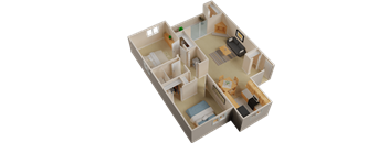 A 3D model of a house with a kitchen, living room, and two bedrooms.