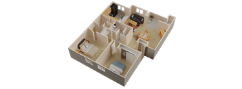 A 3D rendered image of a house layout.