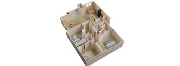 A 3D model of a house with multiple rooms and furniture.