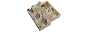 A 3D model of a house layout with a kitchen, living room, and two bedrooms.