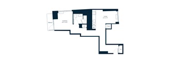 A black and white floor plan of a house with a living room, sleeping area, terrace, and a couple of closets.