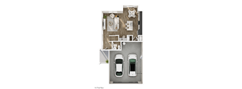 A top-down view of a house with a kitchen, living room, and two cars parked in the driveway.