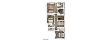 A 2B second floor apartment layout with two bedrooms, a living area, a kitchen, and a bathroom.