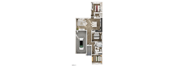 A floor plan of an apartment with a garage for a car.