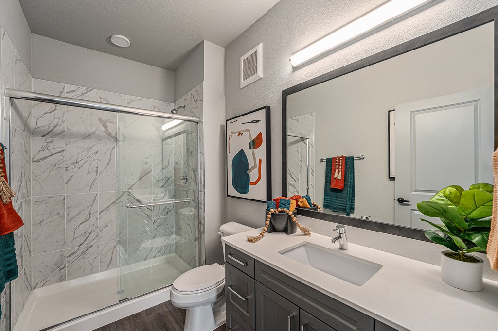 Bathroom with White Quartz Countertops