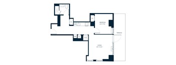 A floor plan of a house with a bedroom, living room, and terrace.