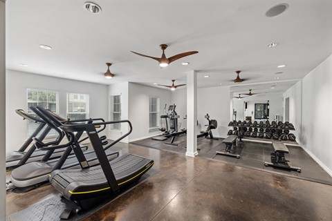 A gym with treadmills, exercise bikes, and weights.