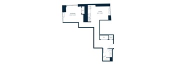 A floor plan of a house with a living room, a sleeping area, and a bathroom.