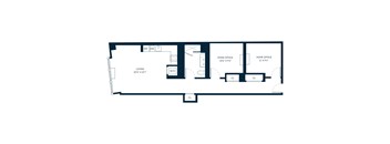 A floor plan of a living space with a living room, two home offices, and a garage.
