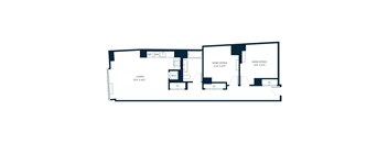 A floor plan of a home with a living room, two bedrooms, a bathroom, and a kitchen.