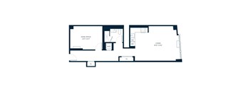 A floor plan of a home office and living room.