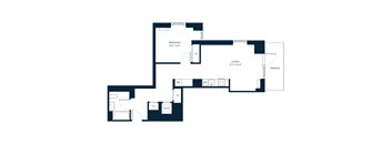 A floor plan of a house with a bedroom, living room, and bathroom.